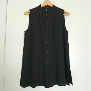 Eileen Fisher 100% Silk Sleeveless Blouse Black Side Slits Buttons Luxury Sz XS